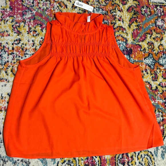 Glam | NWT Orange Ruffle Mock Neck Sleeveless Tank Small - Picture 3 of 9
